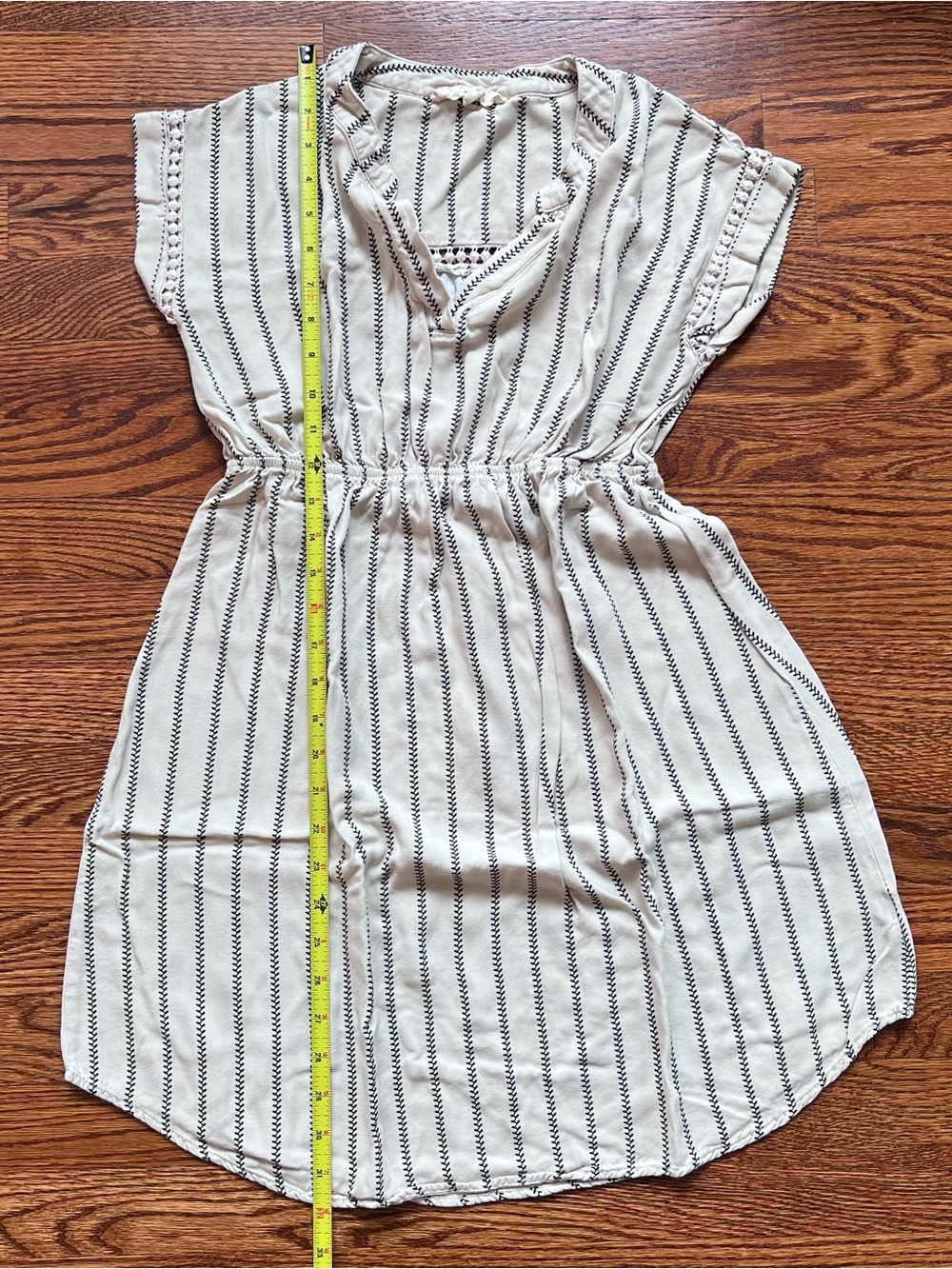 Maternity Sweet Wanderer Cream with Black Stripe Drawstring Mini Dress